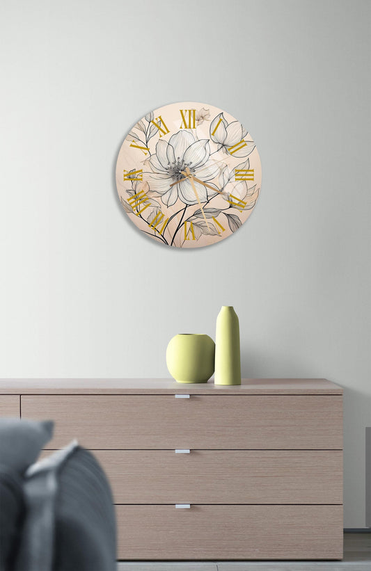 Tempered Glass Wall Clock – Abstract Line Art Floral Design | Durable, Silent