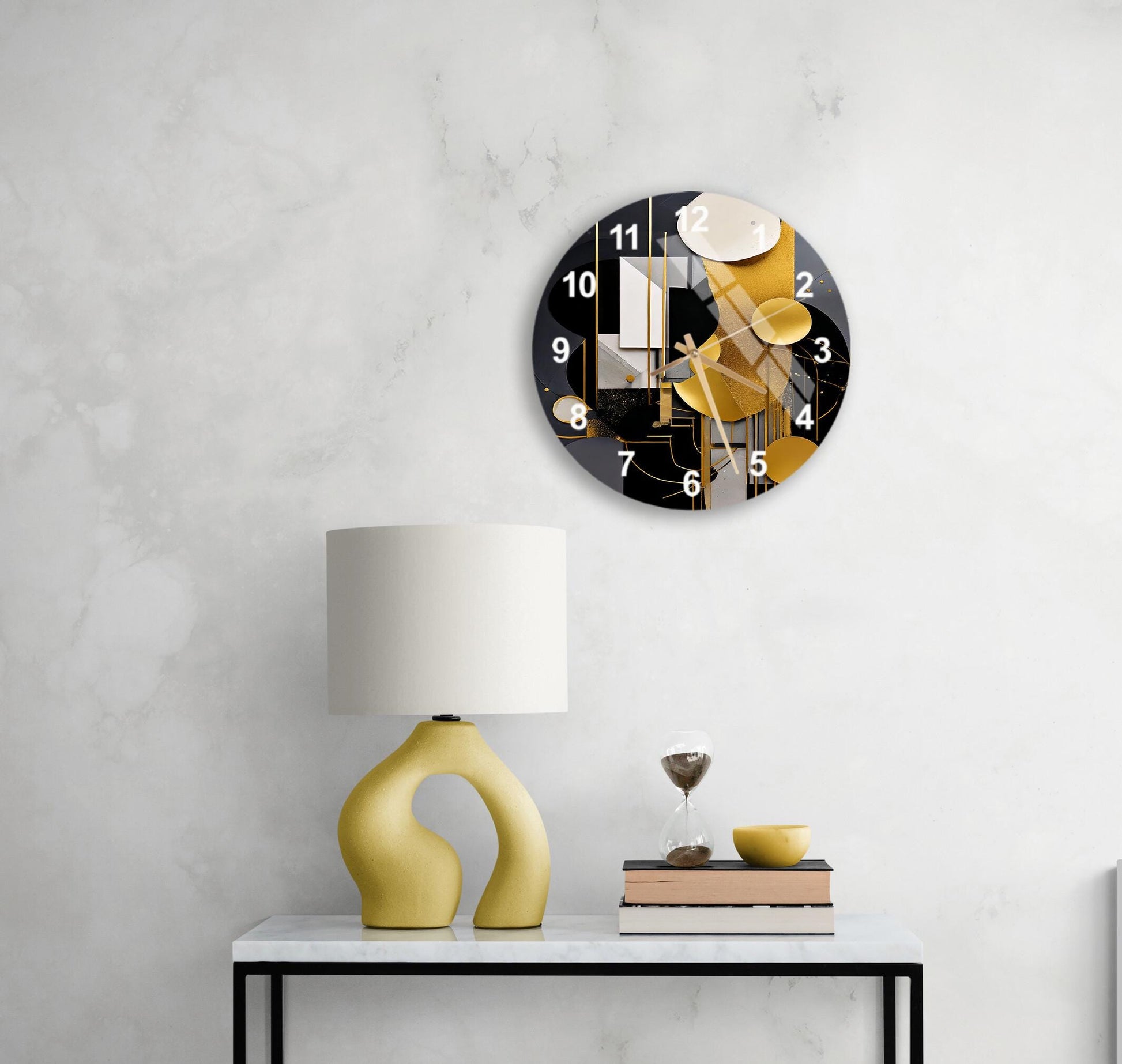 a white table with a lamp and a clock on it
