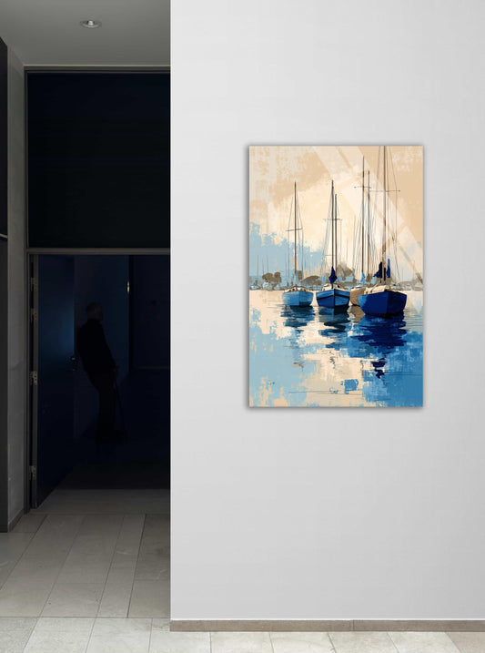 Blue Sailboat Wall Art – Modern Harbor Painting | Tempered Glass Artwork
