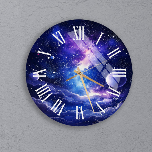 a blue clock with a picture of a space shuttle on it