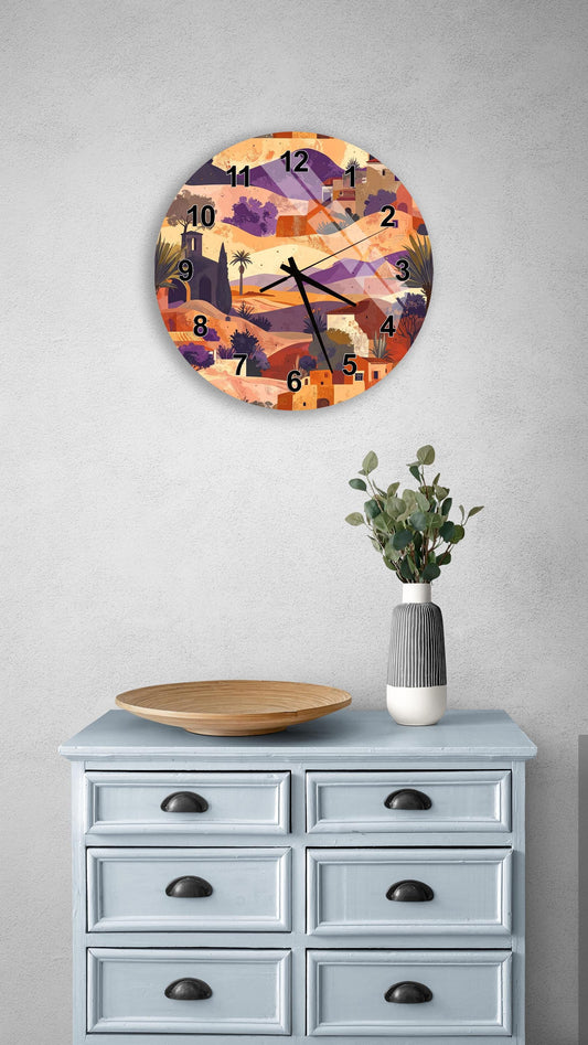 a wall clock with a colorful, abstract design, a wooden tray, a vase with greenery, and a gray dresser with six drawers.