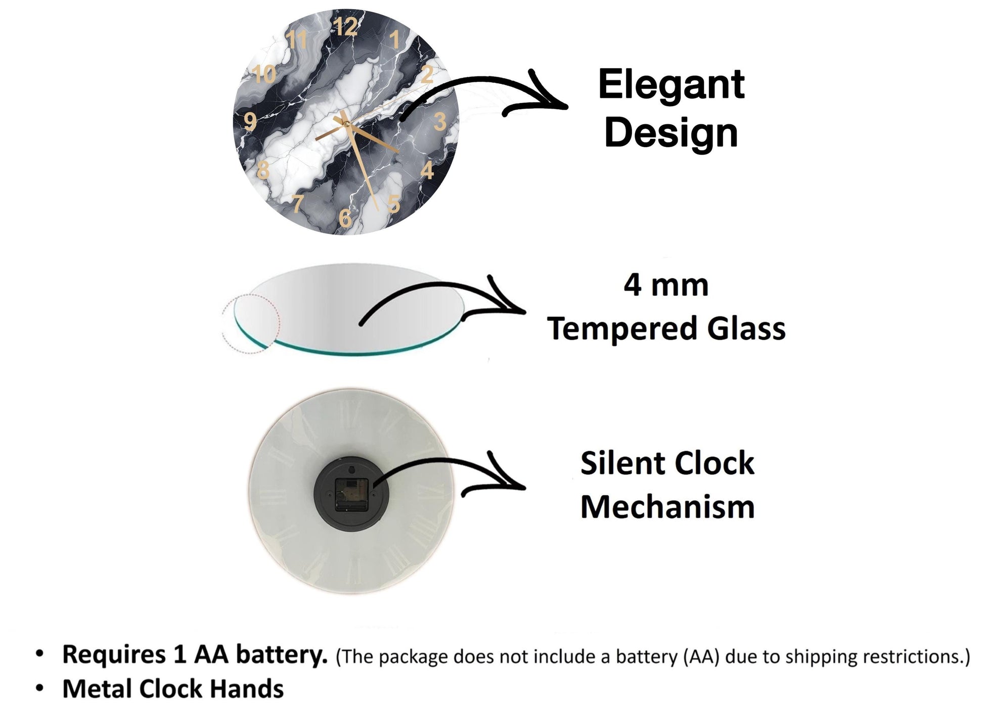The image is a diagram that illustrates the features of a clock, including its design, size, and mechanism. It shows a 4 mm Tempered Glass clock, a silent clock mechanism, and a metal clock hand. The diagram also includes text that explains the features of the clock, such as the requirement of a 1 AA battery and the absence of a battery (AA) due to shipping restrictions.