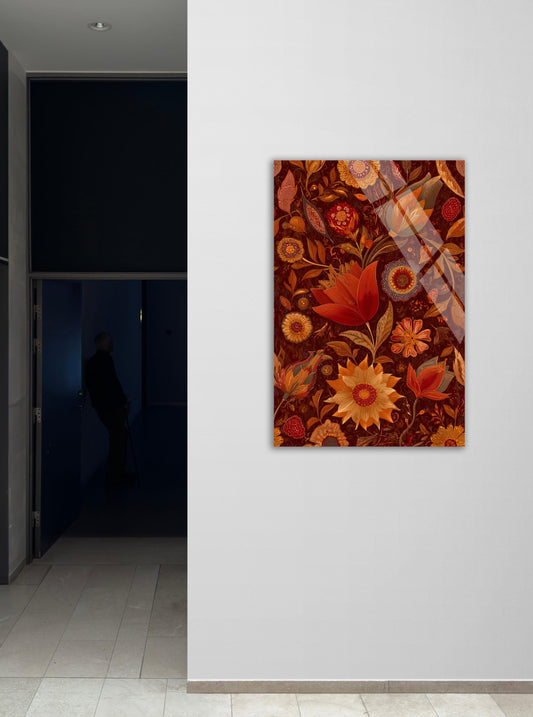 Boho Floral Wall Art - Large Tempered Glass Decor | Vintage Terracotta Print