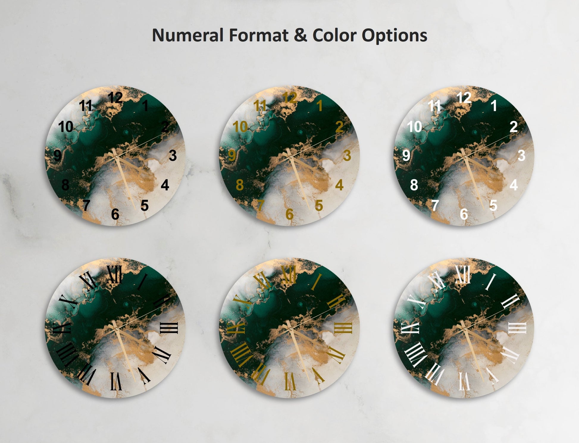a set of four clocks with different designs on them