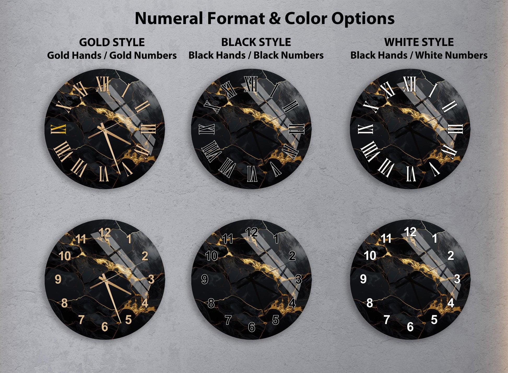 a collection of six clock faces with different styles and color options, including gold hands and numbers, black hands and numbers, and white hands and numbers.