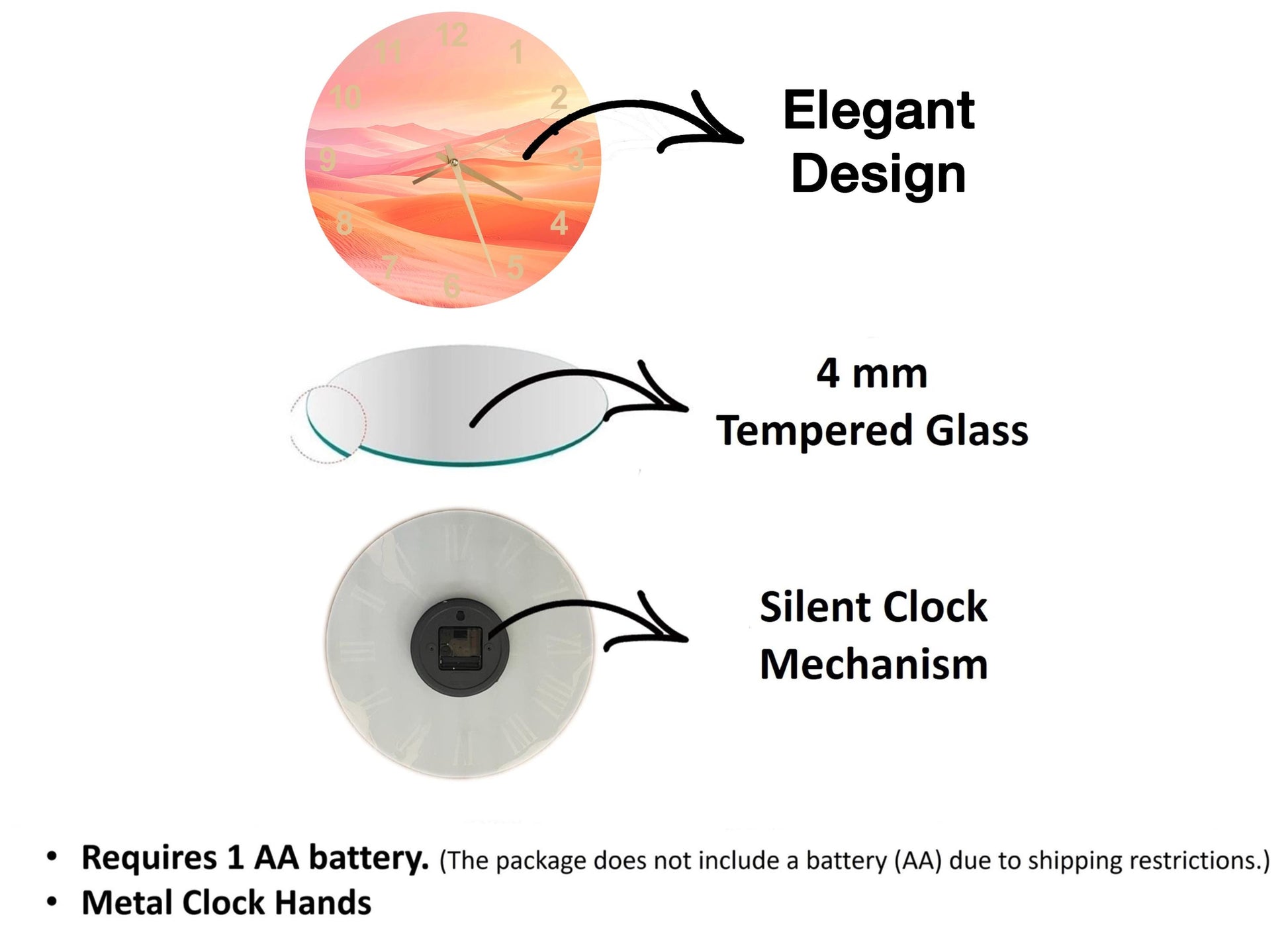 The image is a diagram that illustrates the features of a clock, including its design, size, and mechanism.