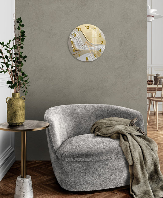 a living room with a chair and a clock on the wall