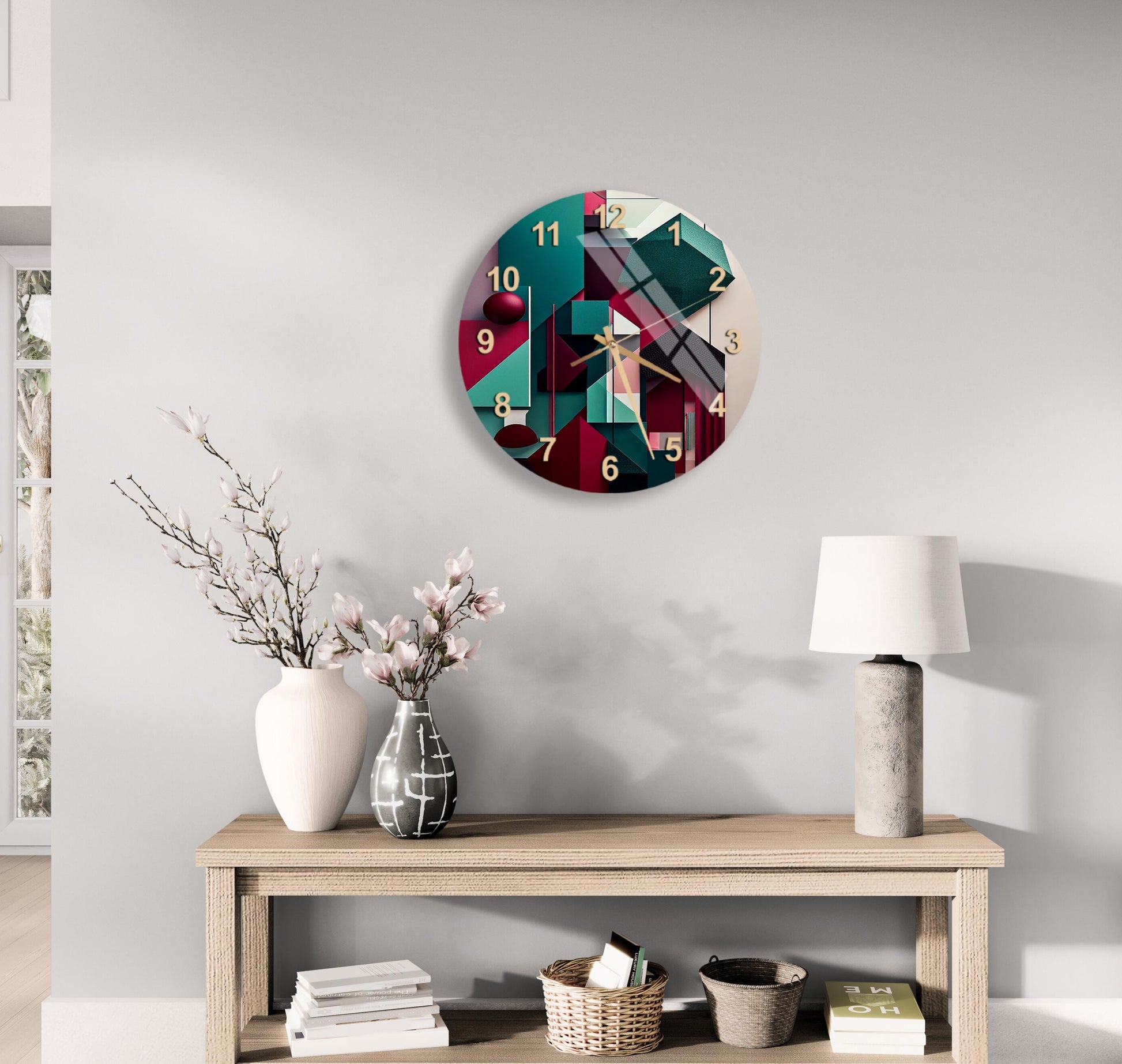 a table with a vase of flowers and a clock on the wall