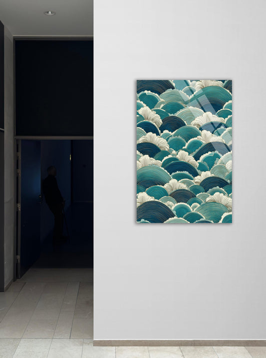 Japanese Wave Art Tempered Glass Art – Teal Ocean Wall Decor, Large Panel