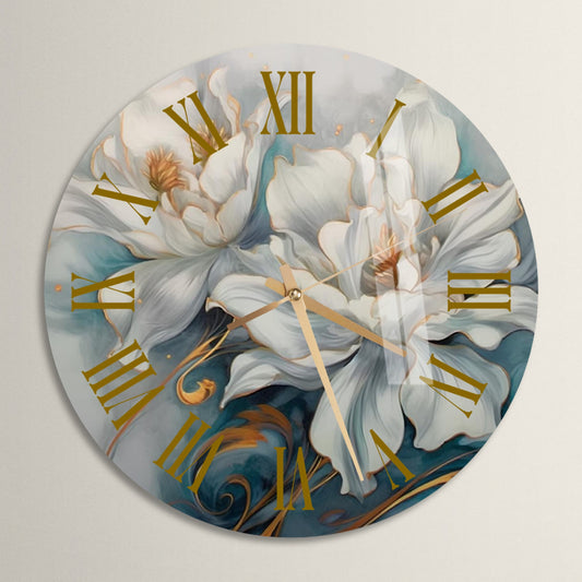 a clock with white flowers painted on it