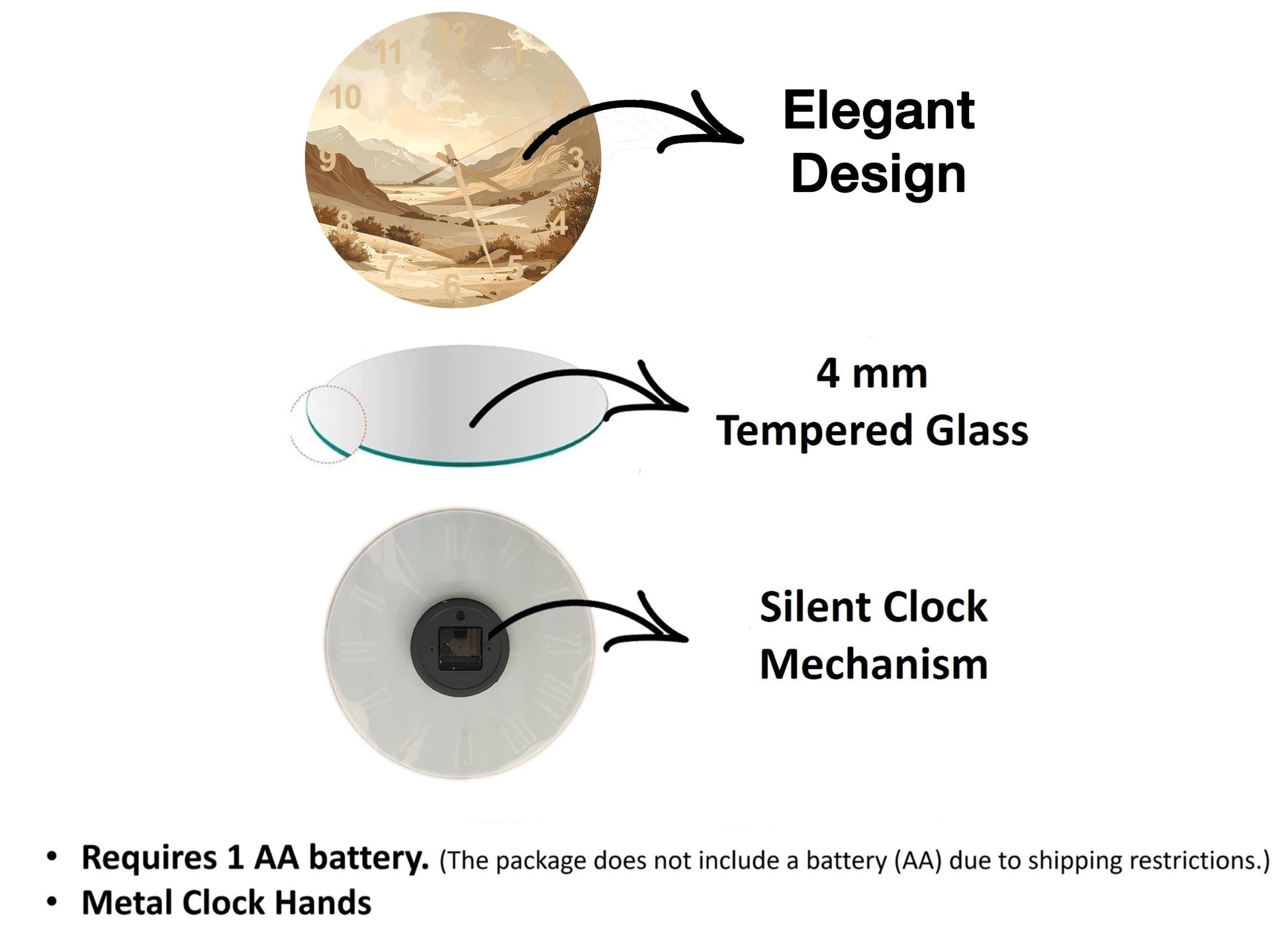 The image is a diagram that illustrates the features of a clock, including the type of glass used, the mechanism, and the battery requirements.