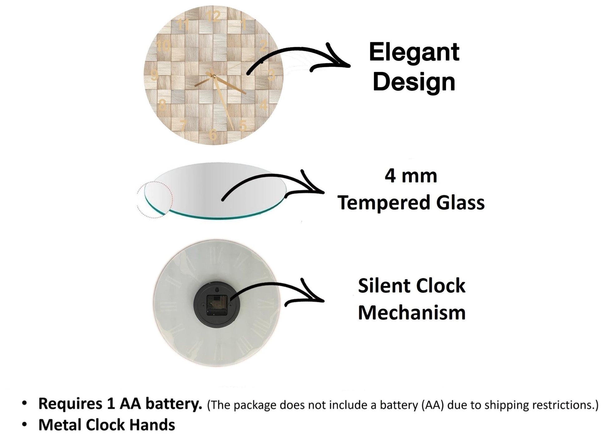 The image is a diagram that illustrates the features of a clock, including its design, materials, and mechanism.