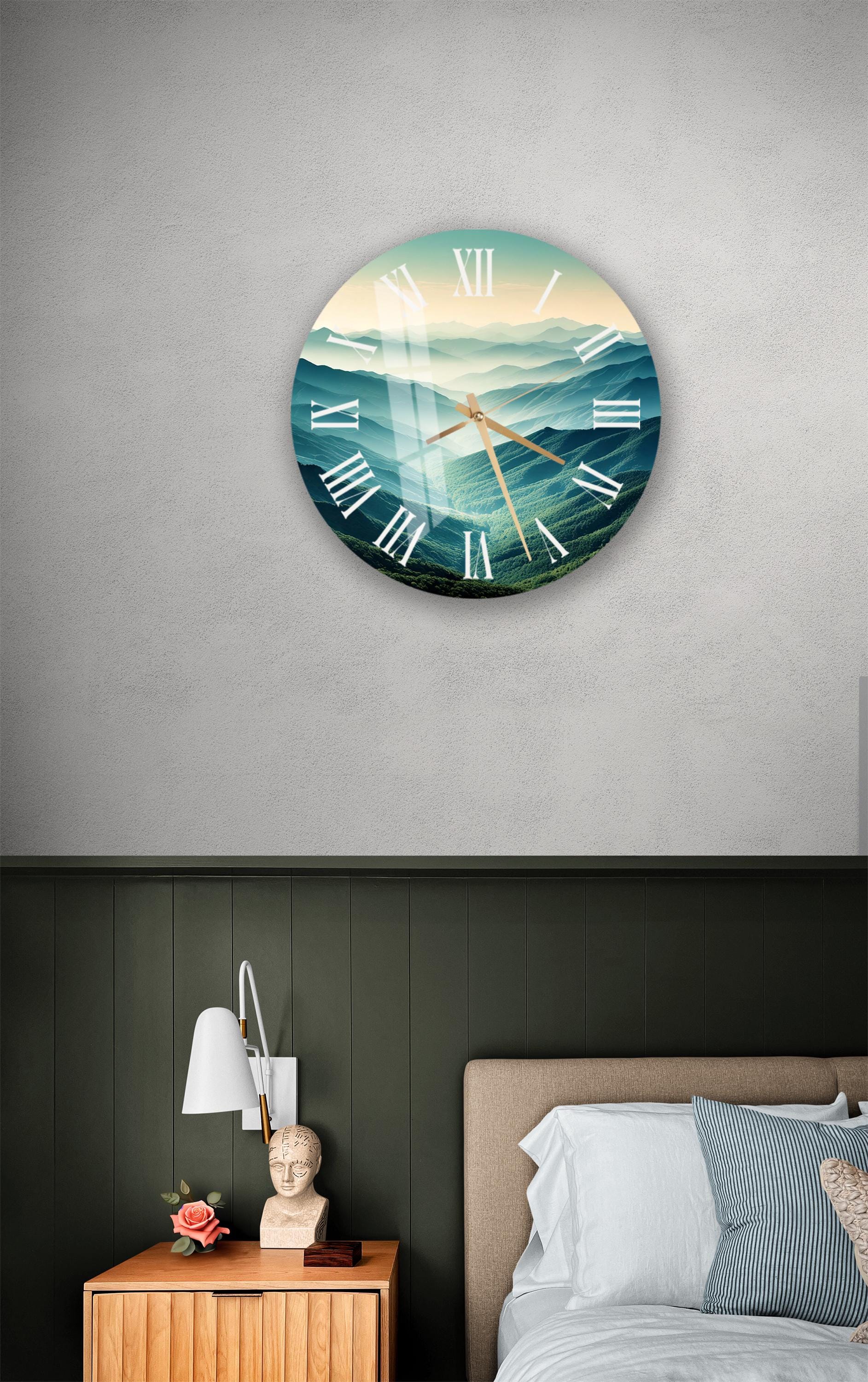 a bedroom with a bed and a clock on the wall