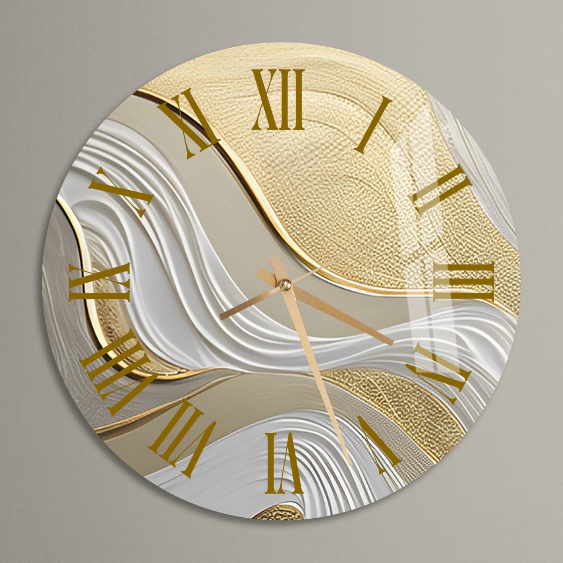 a gold and white clock with roman numerals