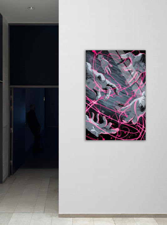 Tempered Glass Wall Art - Abstract Manga Hands Neon Pink Decor | Cyberpunk Style Print
