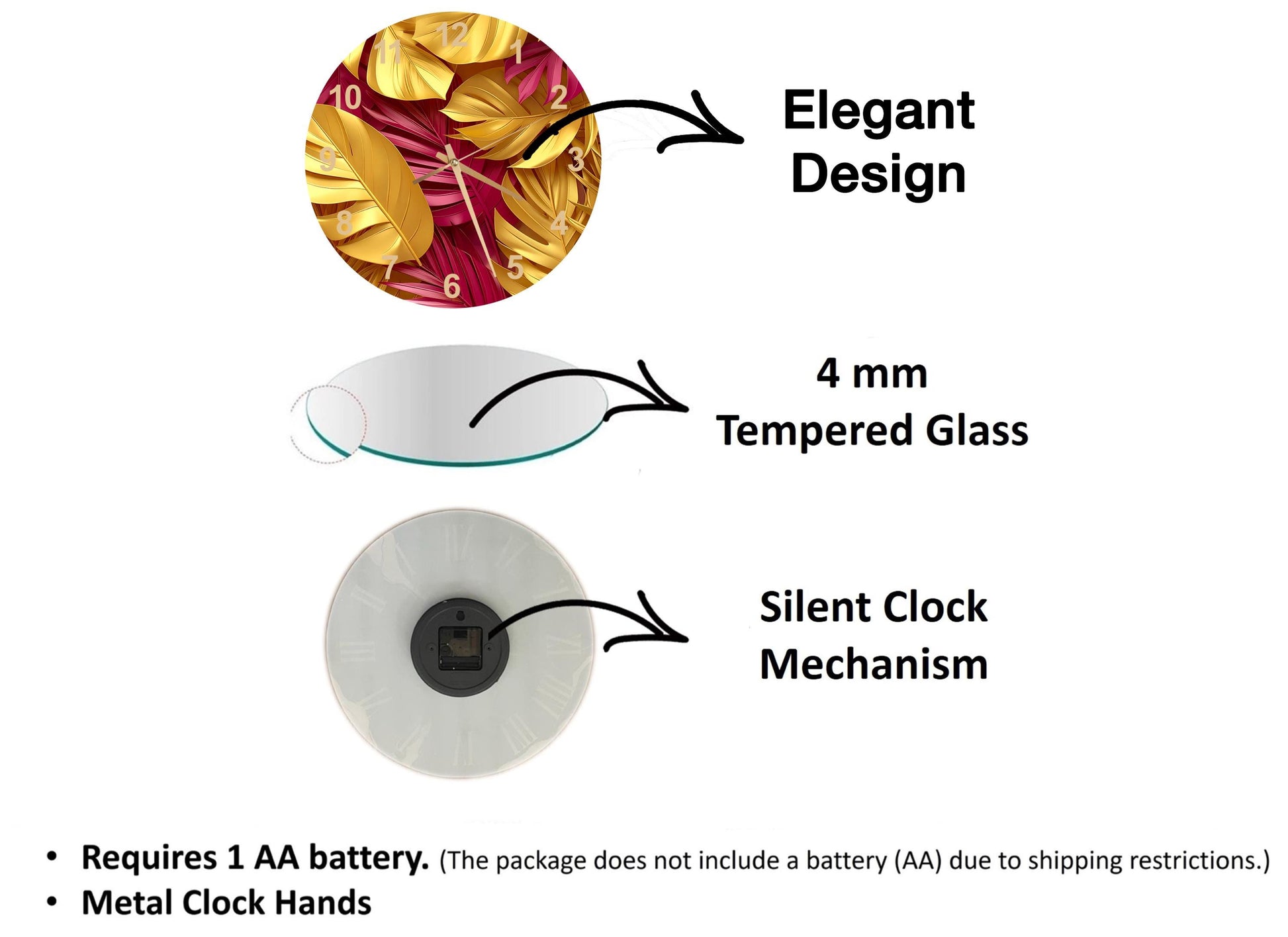 The image is a diagram that illustrates the features of a clock, including its design, materials, and mechanism.