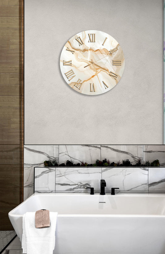 Marble Glass Wall Clock – Beige Marble Design Tempered Glass, Modern Wall Decor