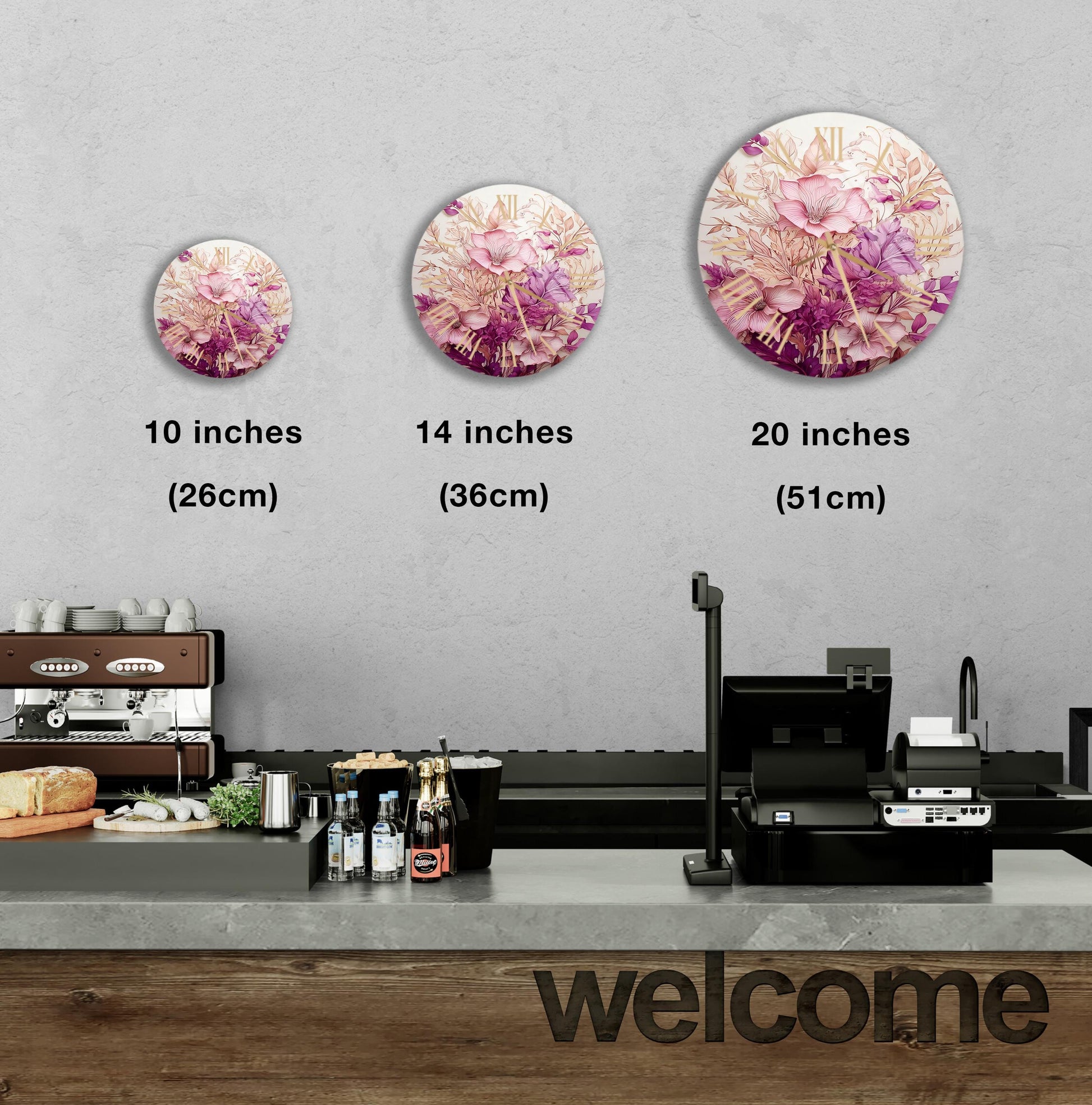 a counter top with three circular pictures on it