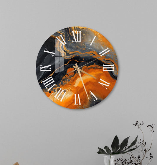 Tempered Glass Wall Clock - Abstract Marbled Orange Design | Silent, Scratch Resistant