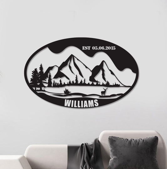 Custom Metal Wall Art – Mountain Family Name Sign | Rustic Nature Decor