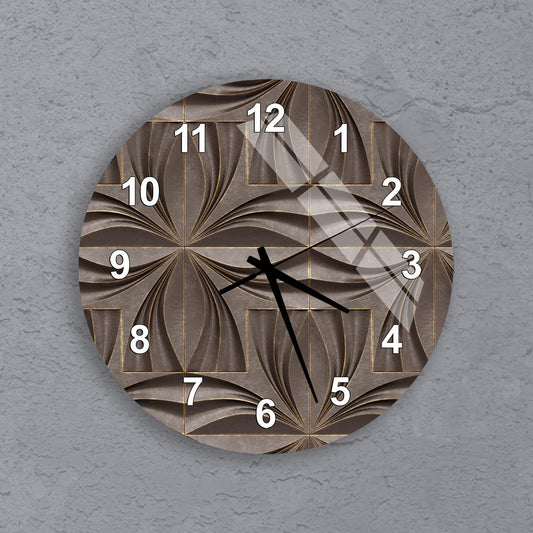 A wall clock with a unique, abstract design featuring a repeating pattern of swirls and lines.