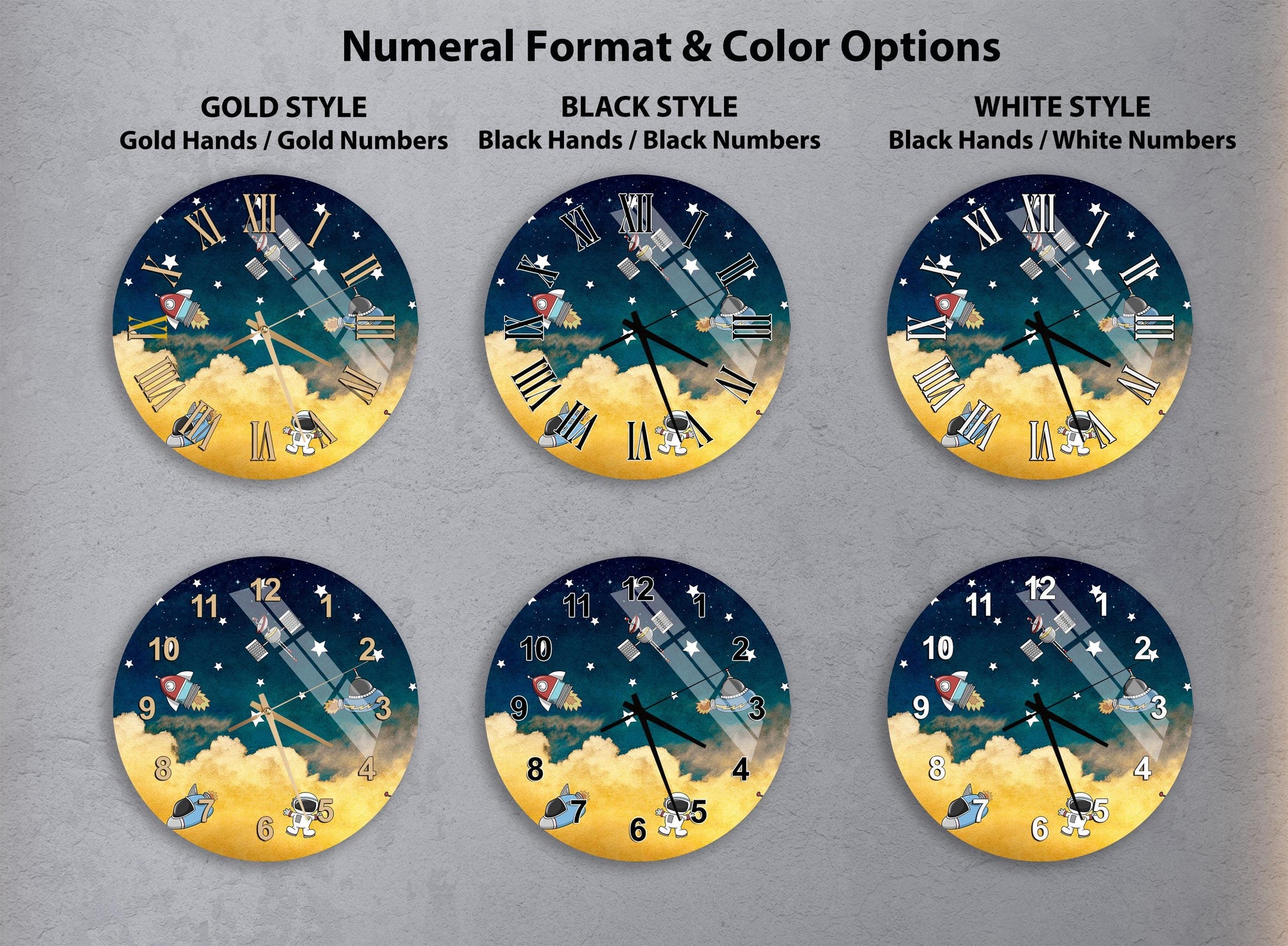 six different clock designs, each with a unique color scheme and style. The clocks are arranged in a grid format, with three rows and two columns. The clocks feature various color options, including gold, black, white, and black and white. The clocks are designed to be visually appealing and easy to read, with the use of contrasting colors and clear numbers.