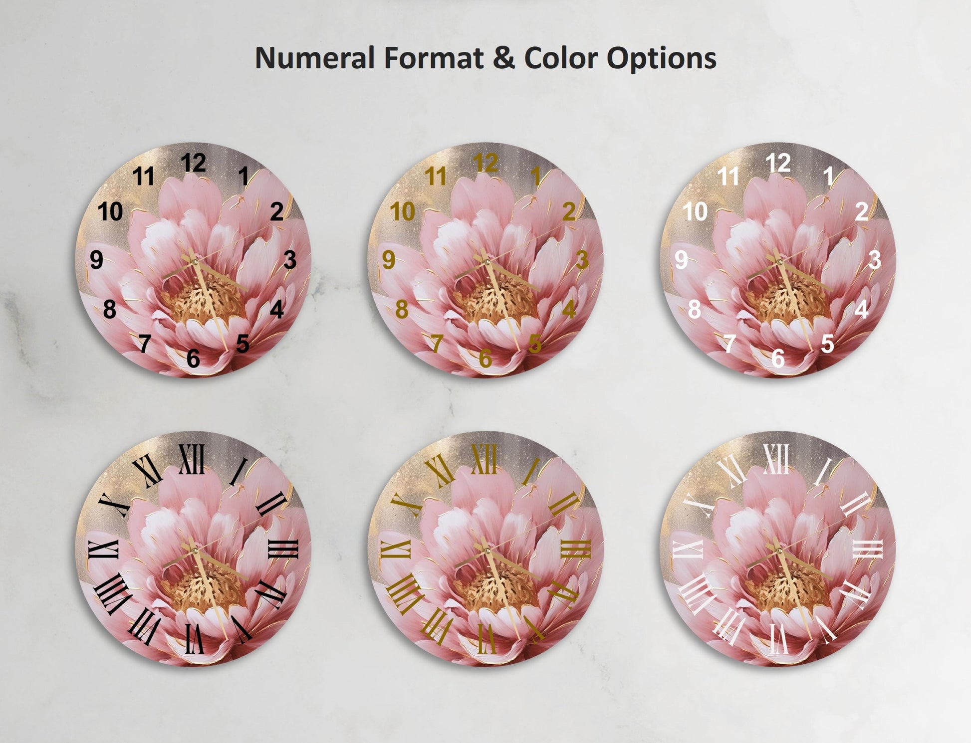 a set of four pink flowers on a clock face