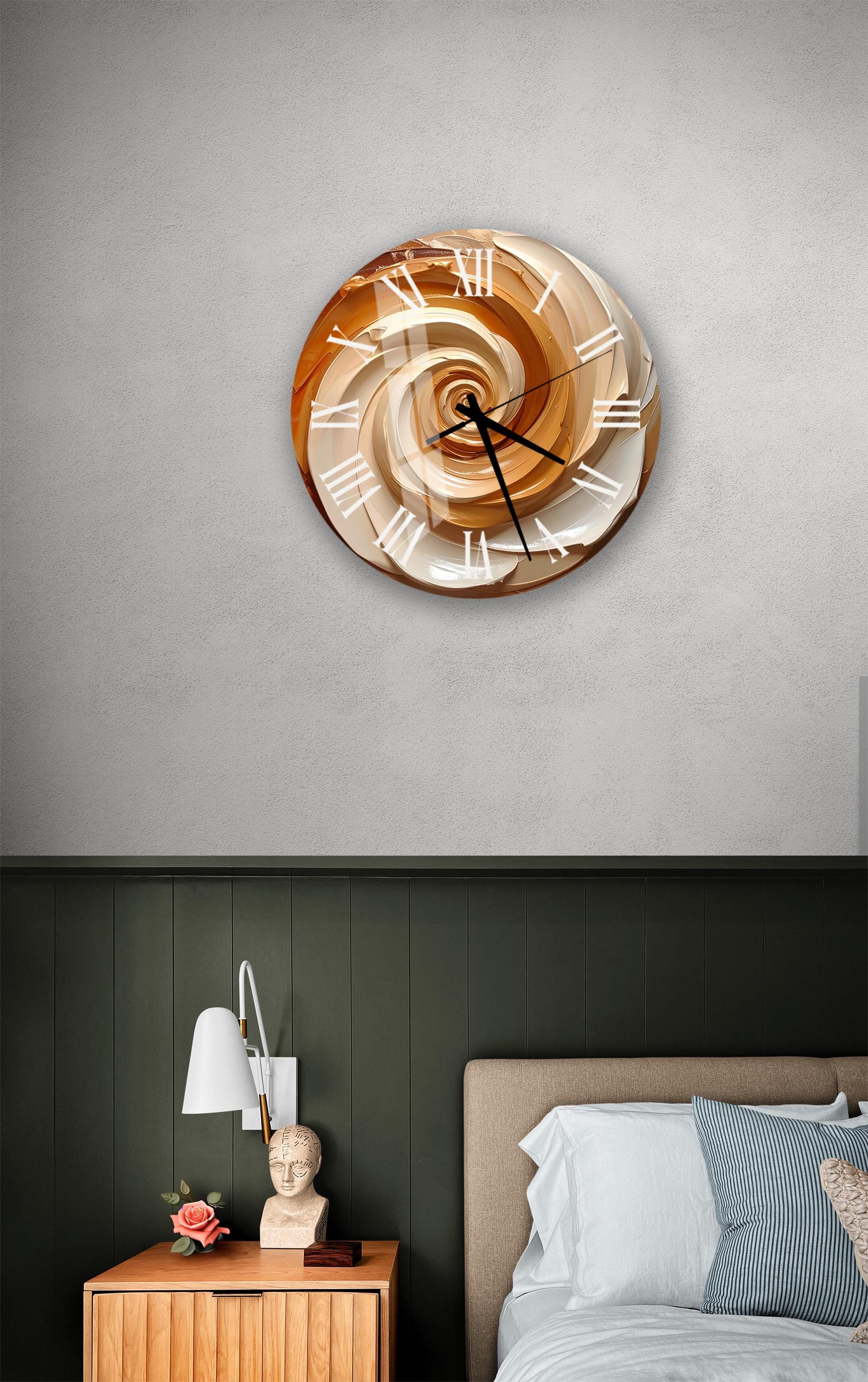 a bedroom setting with a large spiral clock hanging on the wall above a bed. The clock has a unique design with a spiral pattern and Roman numerals. The bed is covered with white sheets and has a wooden headboard. There is also a nightstand with a lamp and a small statue on top.