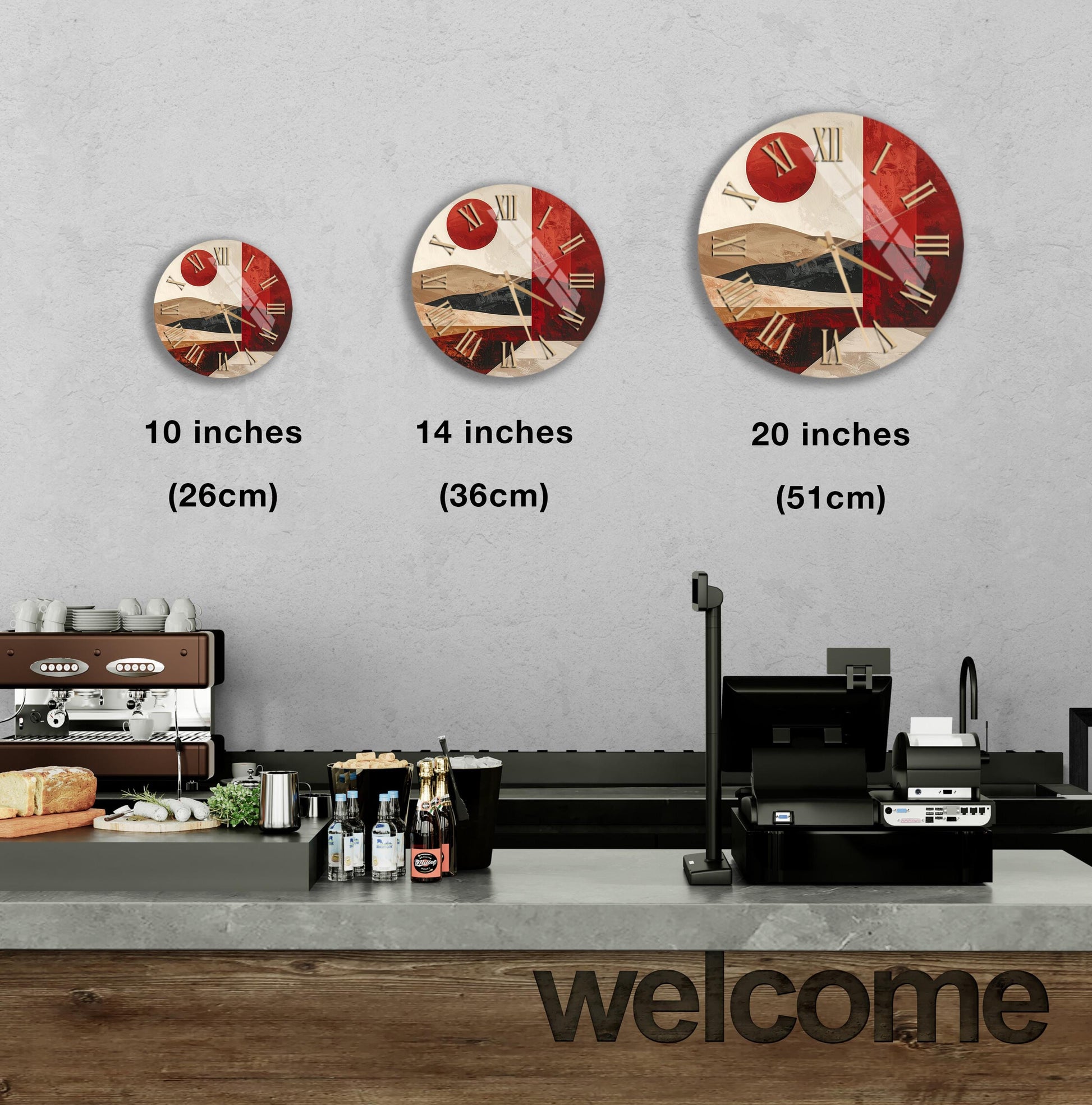 a wall clock with three different sizes, ranging from 10 inches to 20 inches, and a counter with a cash register and various items on it.