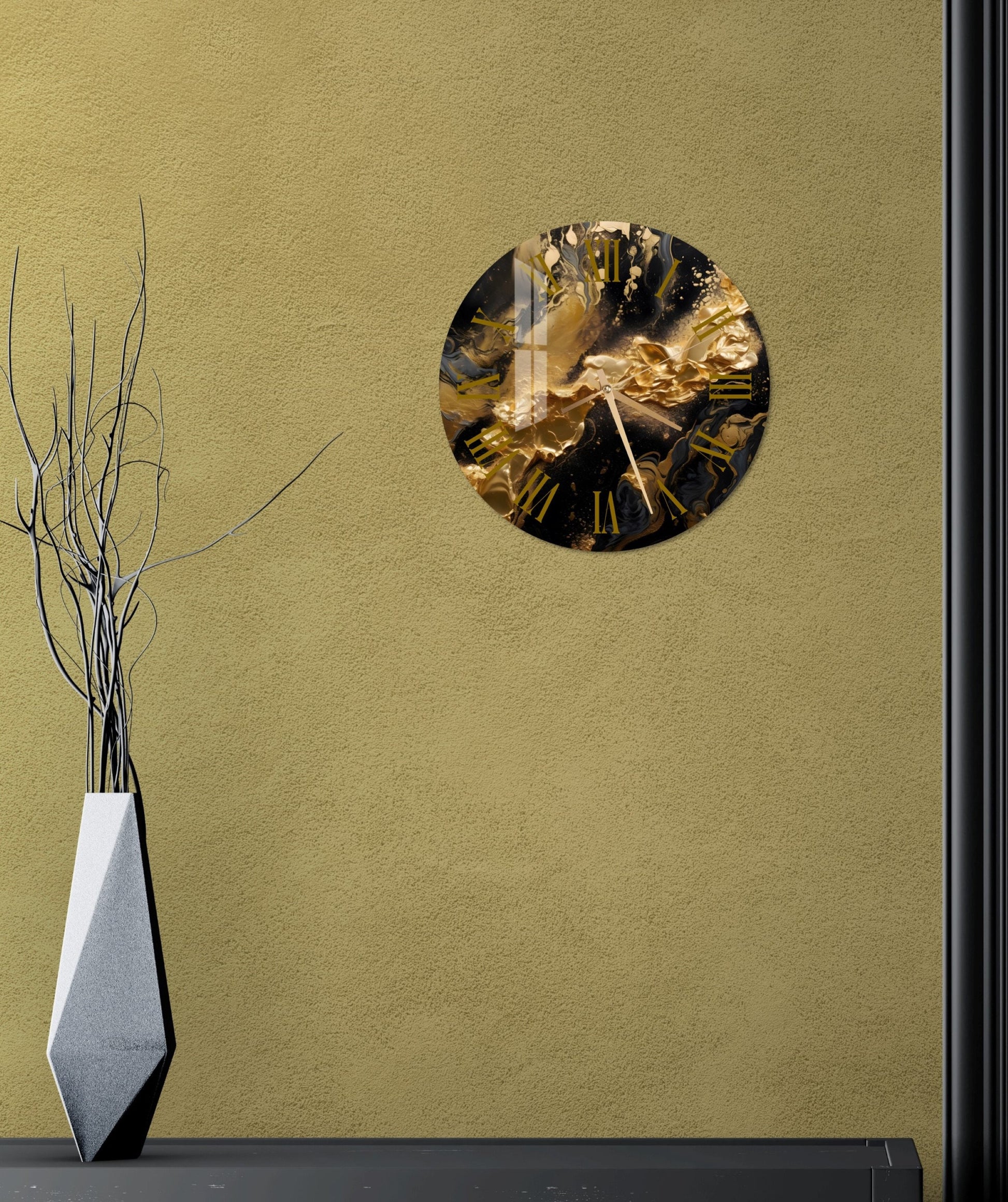 a clock on a wall next to a vase with branches in it