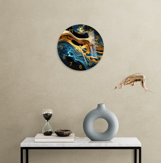 Modern Glass Wall Clock – Blue Gold Abstract Art | Silent Tempered Glass Timepiece