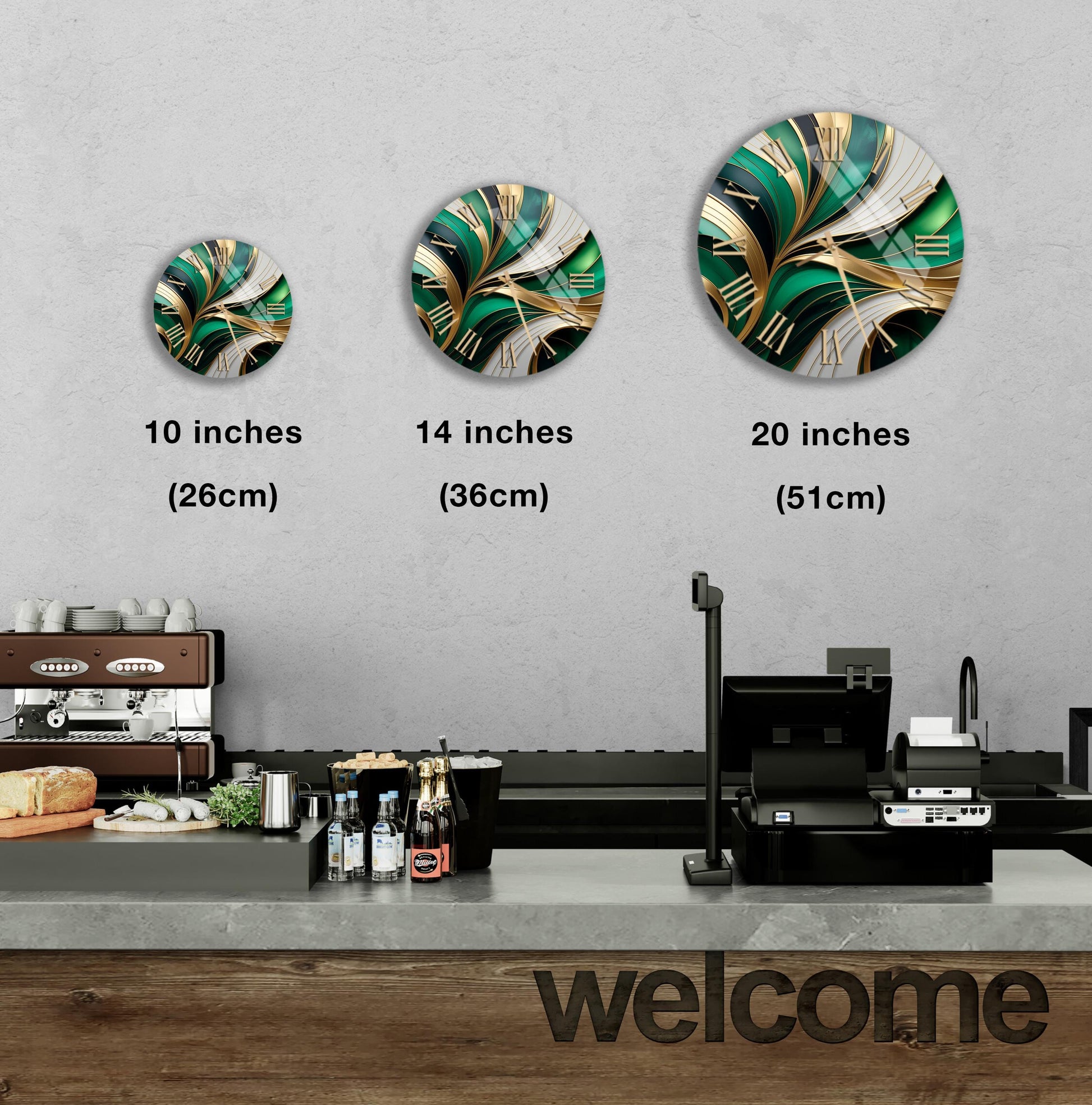 a counter with a cash register, a coffee machine, and a welcome sign. There are three clock-like designs displayed on the wall, each representing a different size of the same design.