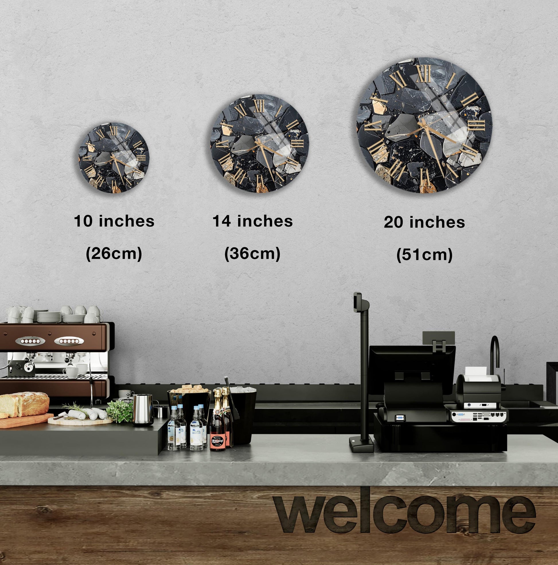 a wall clock with three different sizes, ranging from 10 inches to 20 inches, and a counter with a cash register and various items on it.