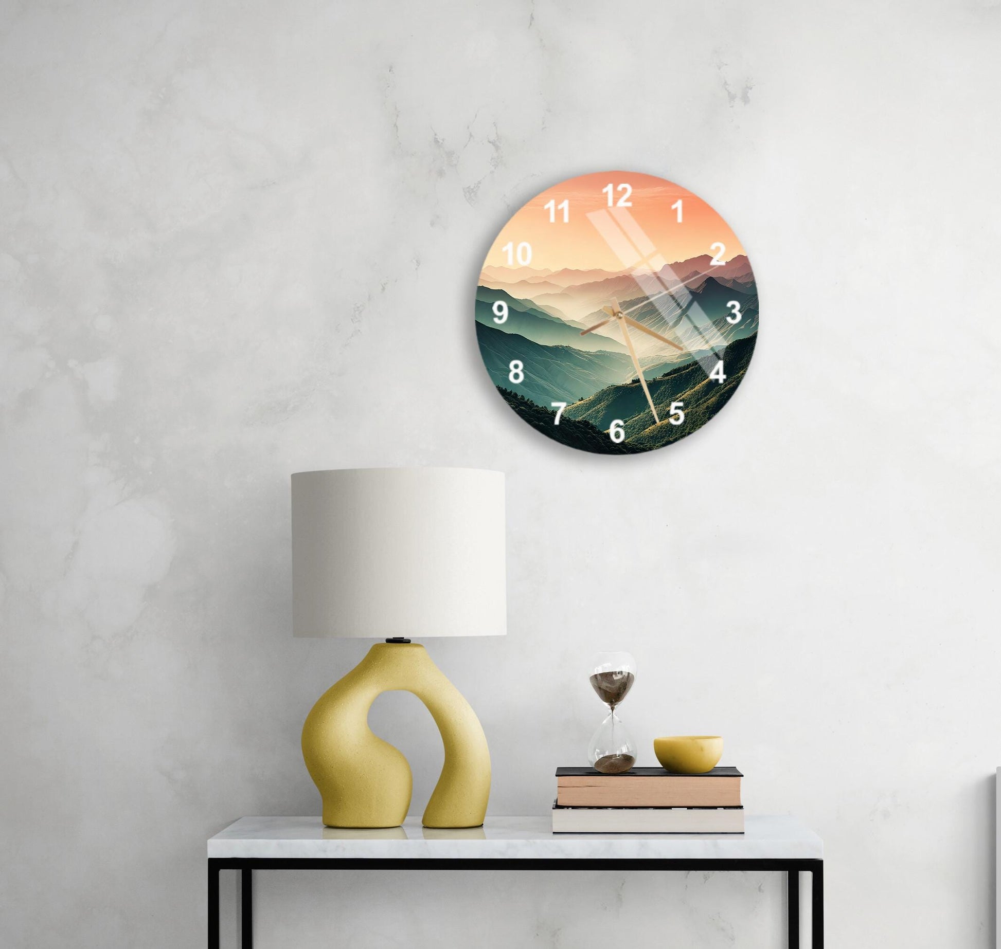 a table with a lamp and a clock on it