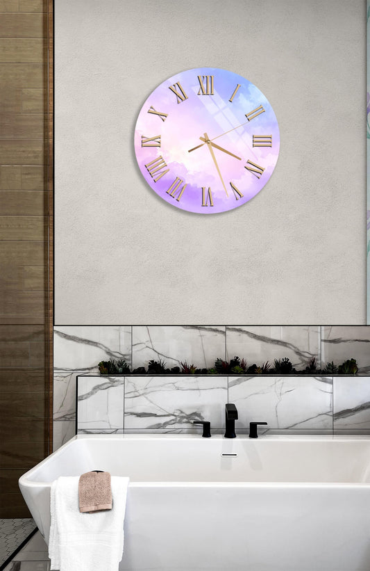 Tempered Glass Wall Clock – Pastel Watercolor Design, Large Silent Decor, Blue Pink Lavender