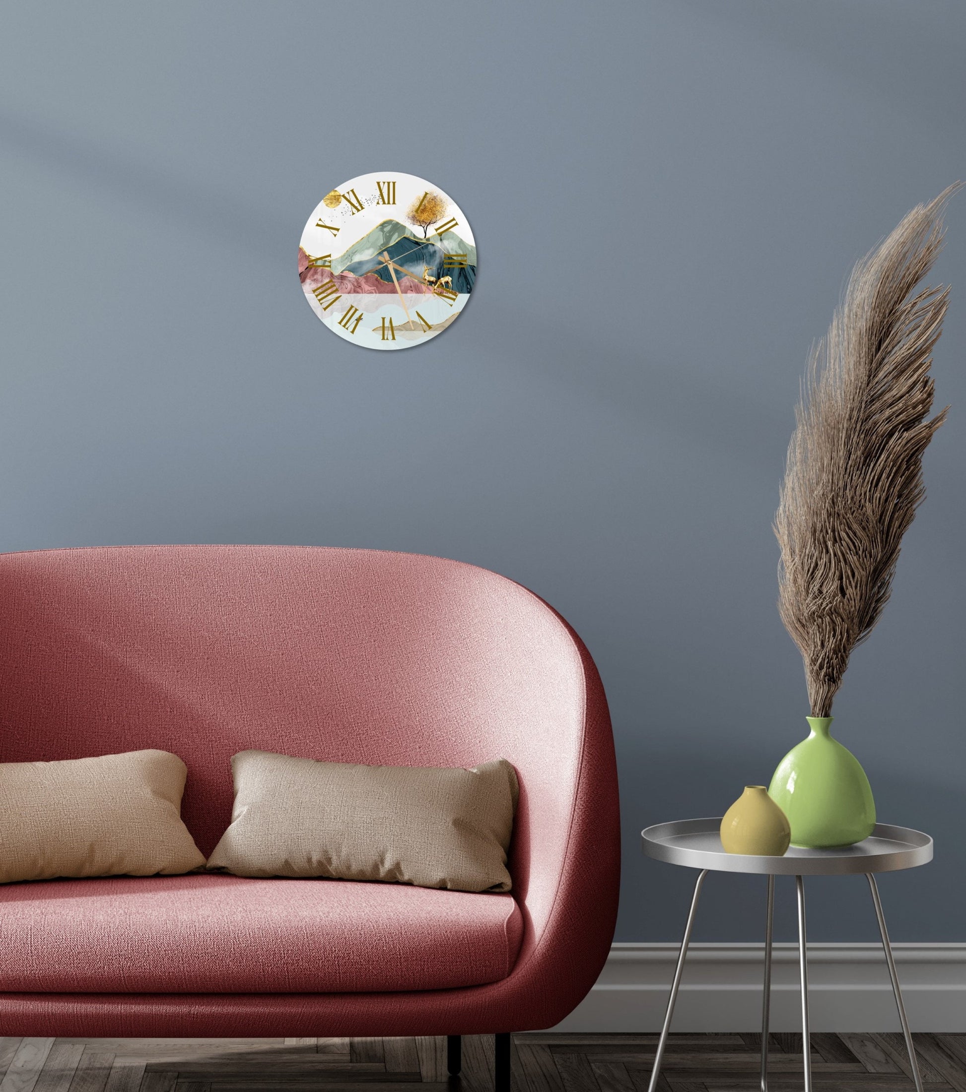 a living room with a couch and a clock on the wall