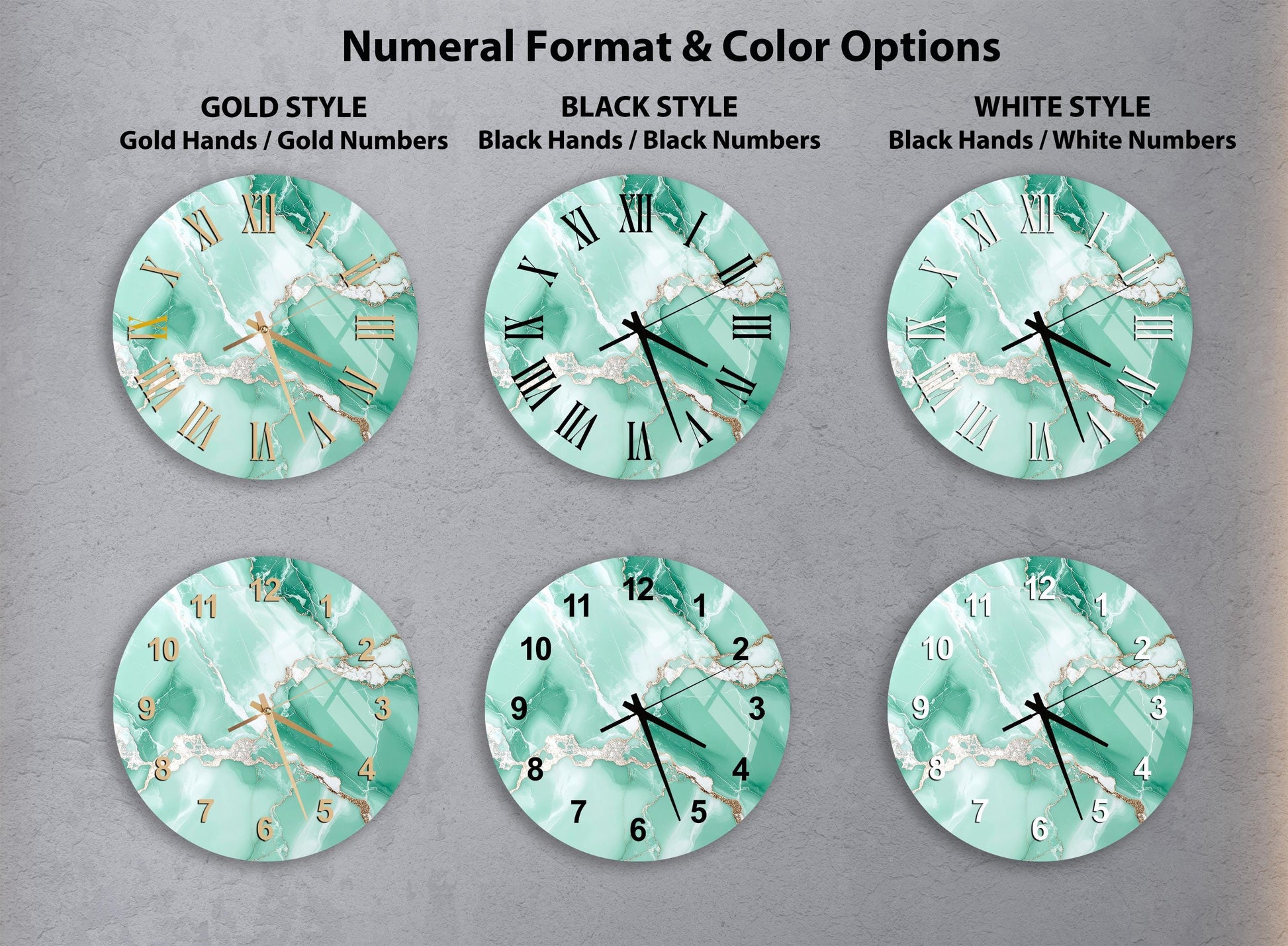 a collection of six clock faces with different styles and color options, arranged in a grid format.
