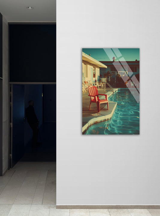 Tempered Glass Wall Art - Retro Motel Decor with Red Chair and Turquoise Water