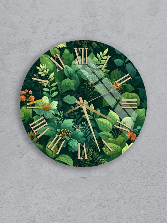 six circular wall clocks with green foliage designs.