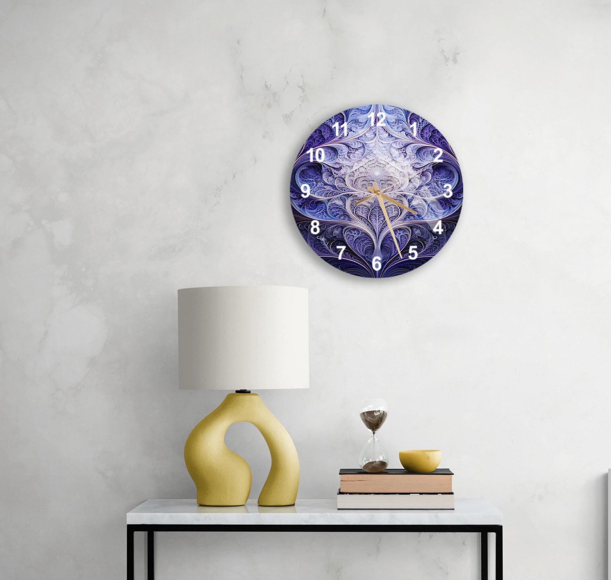 a table with a lamp and a clock on it