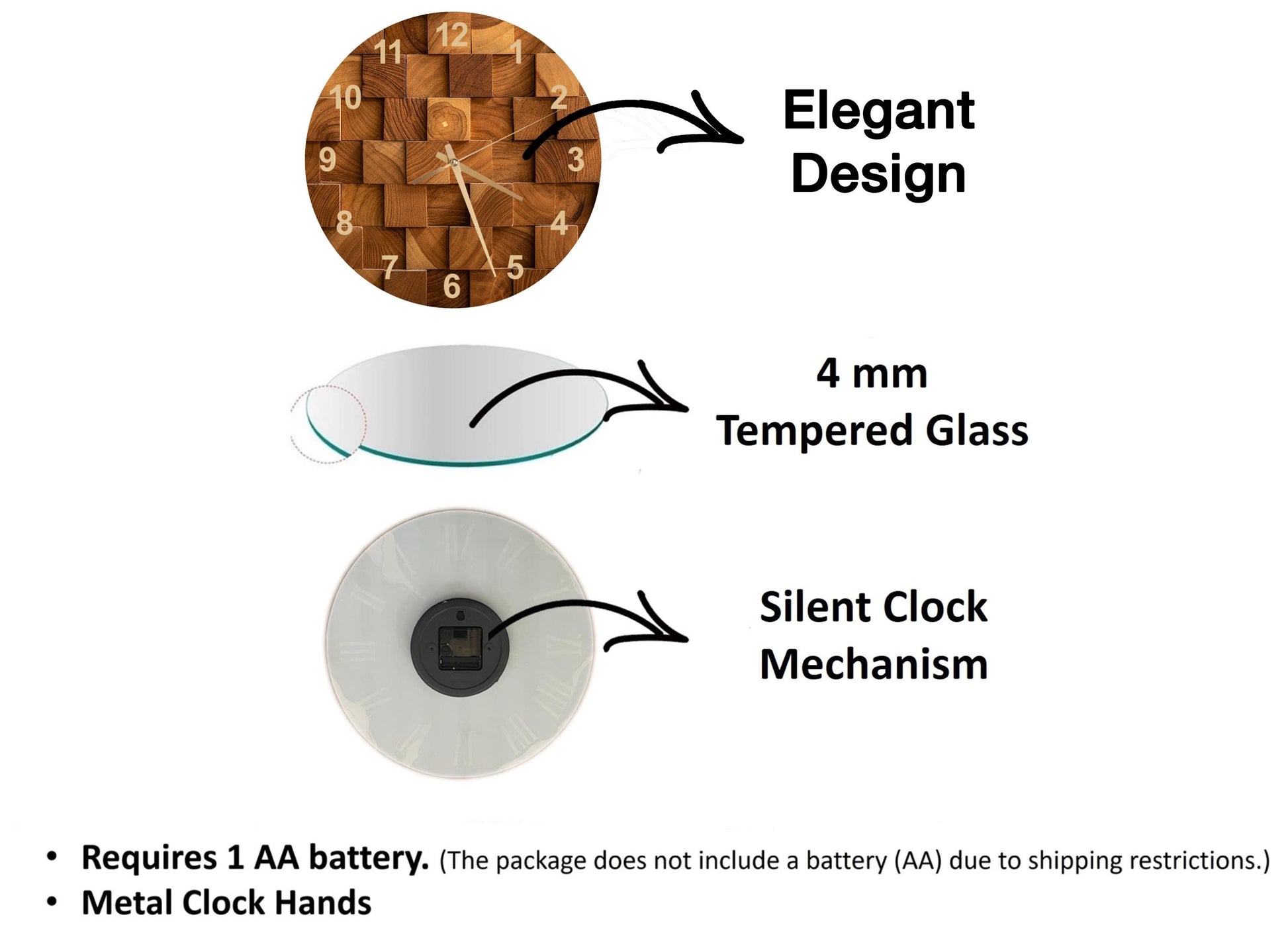 The image is a diagram that illustrates the features of a clock, including its design, materials, and mechanism.