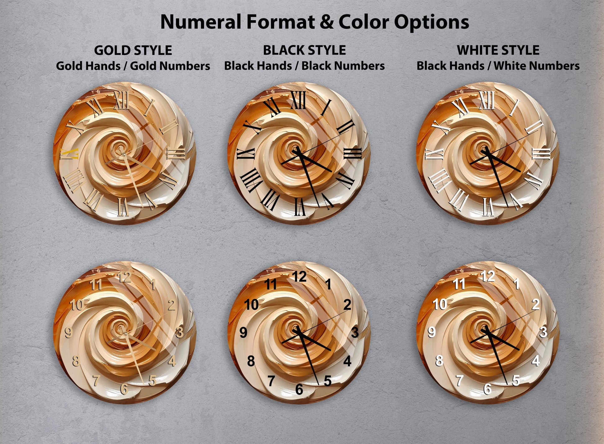 a collection of six clock designs, each with a unique color and style, arranged in a grid format.