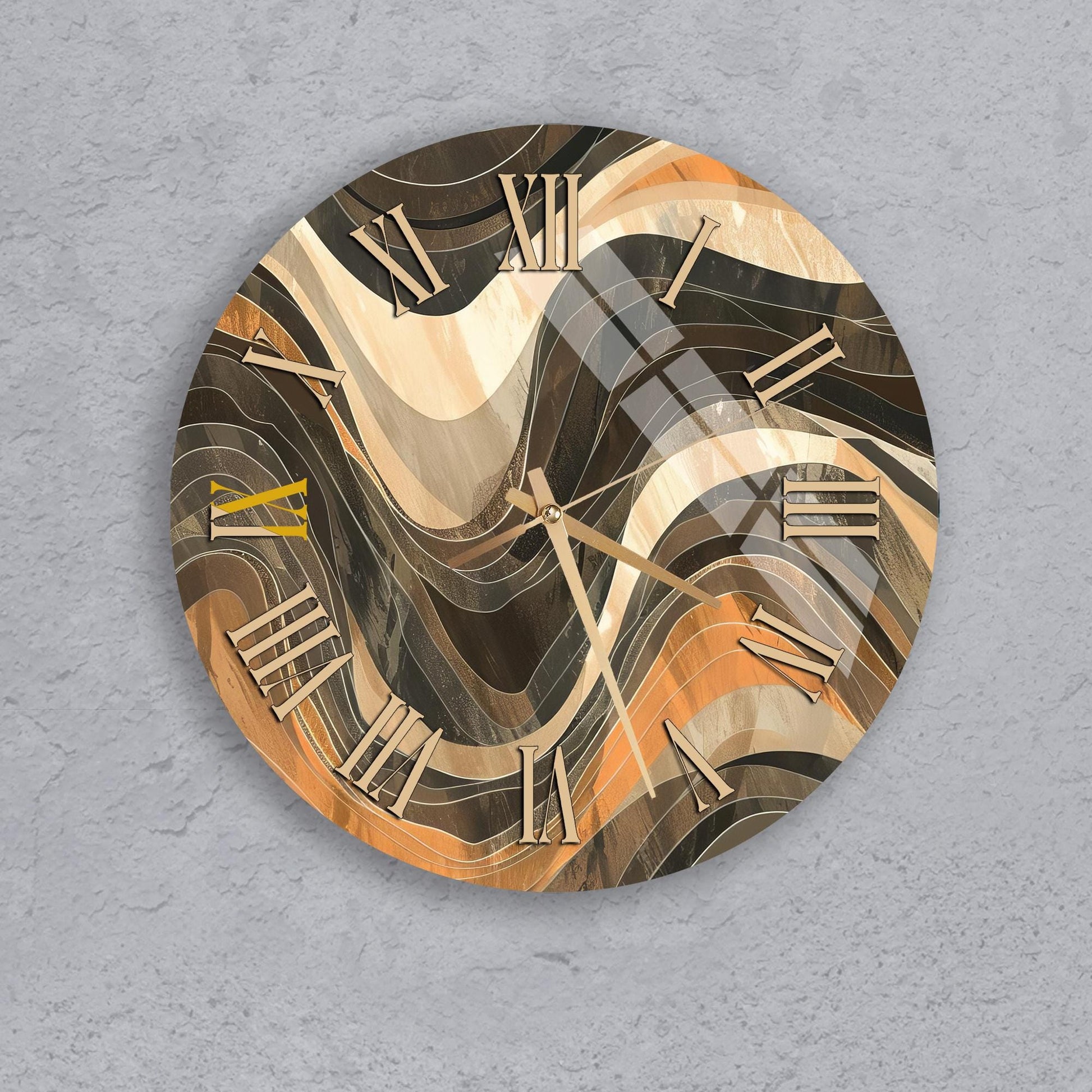 a round clock with a unique, abstract design that resembles a wave pattern.