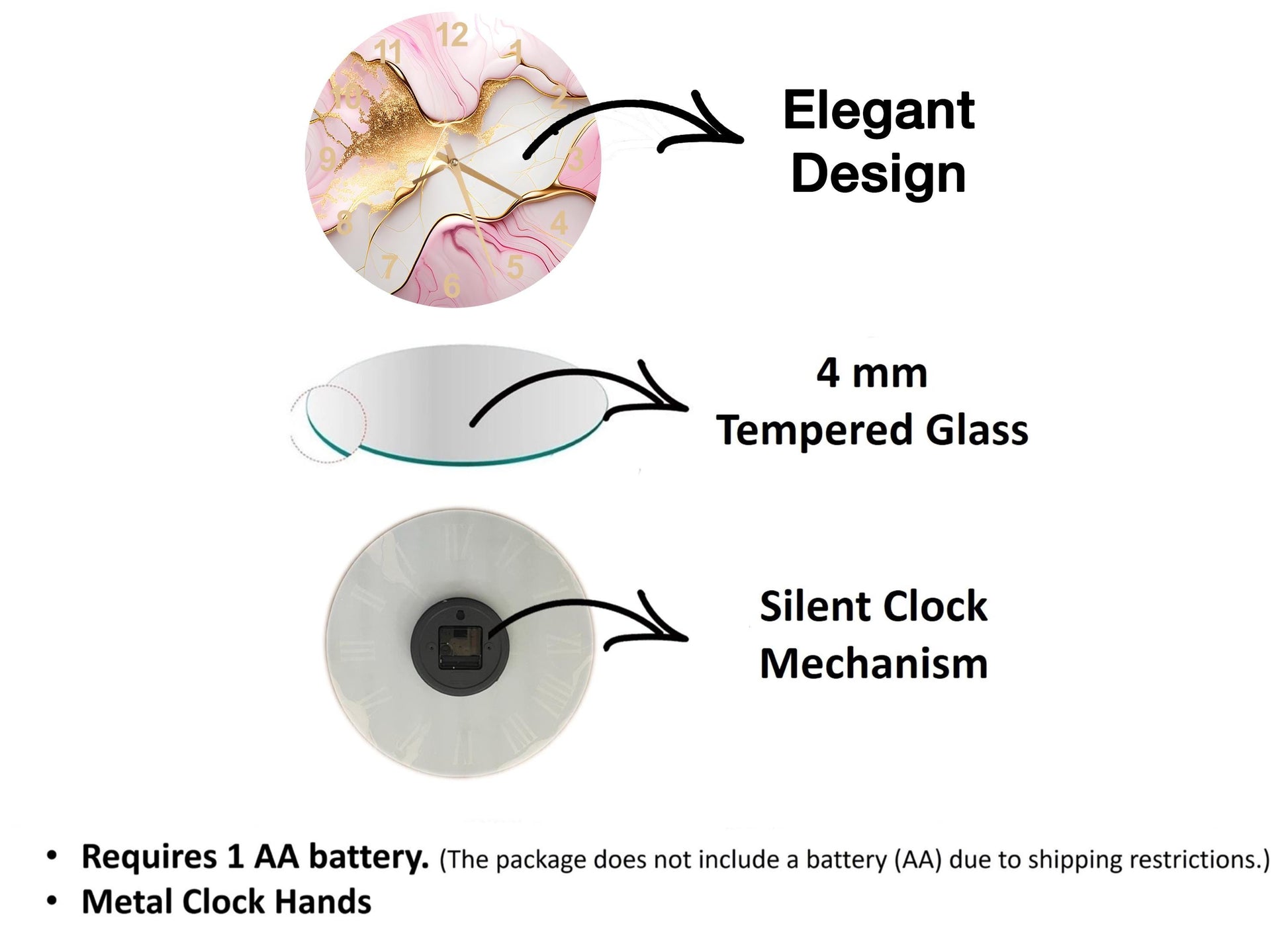 The image is a detailed diagram of a clock, including its design, materials, and features. It shows a 4 mm Tempered Glass face, a silent clock mechanism, and metal clock hands. The diagram also includes text that explains the clock's features, such as the requirement of a 1 AA battery and the absence of a battery (AA) due to shipping restrictions.