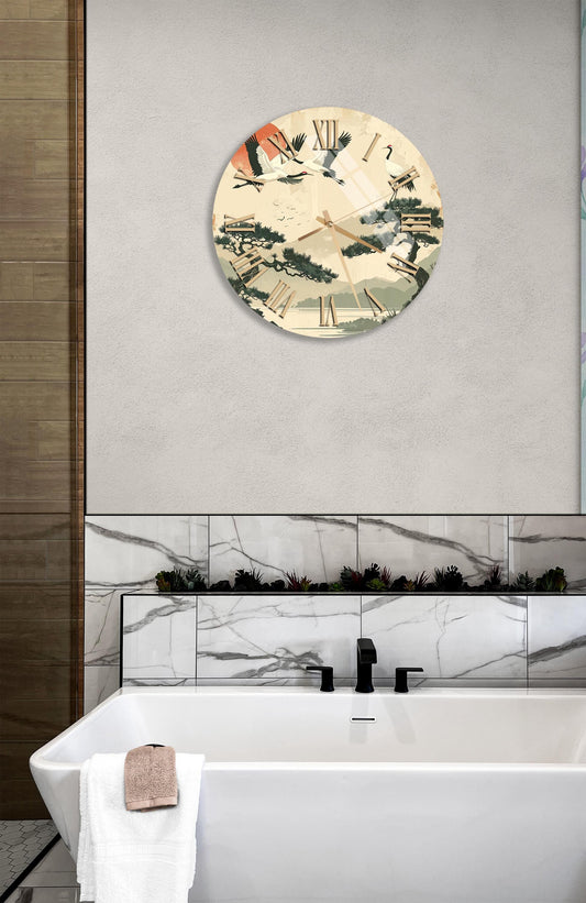 Tempered Glass Wall Clock – Beige Crane Bird Asian Art, Minimalist Decor Gift