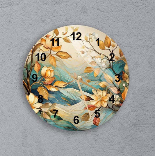 Tempered Glass Wall Clock - Modern Abstract Nature Design, Floral Leaves Decor