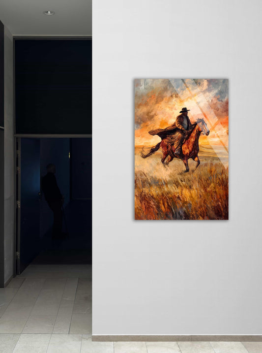 Tempered Glass Wall Art - Western Cowboy Horse Painting | Rustic Living Room Decor