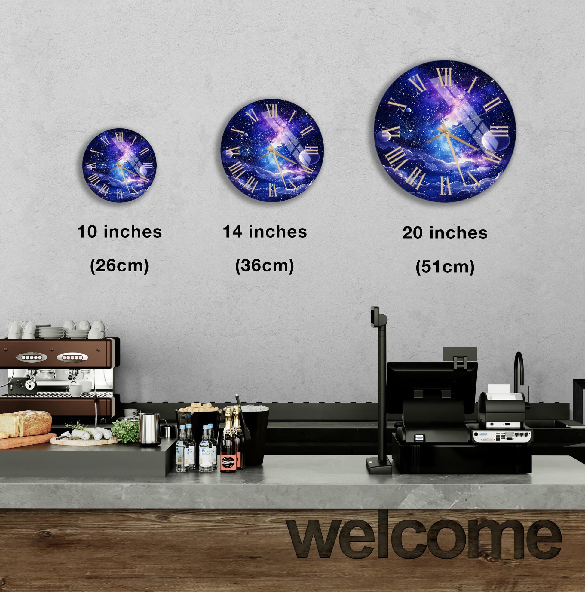 a kitchen counter with three clocks on the wall
