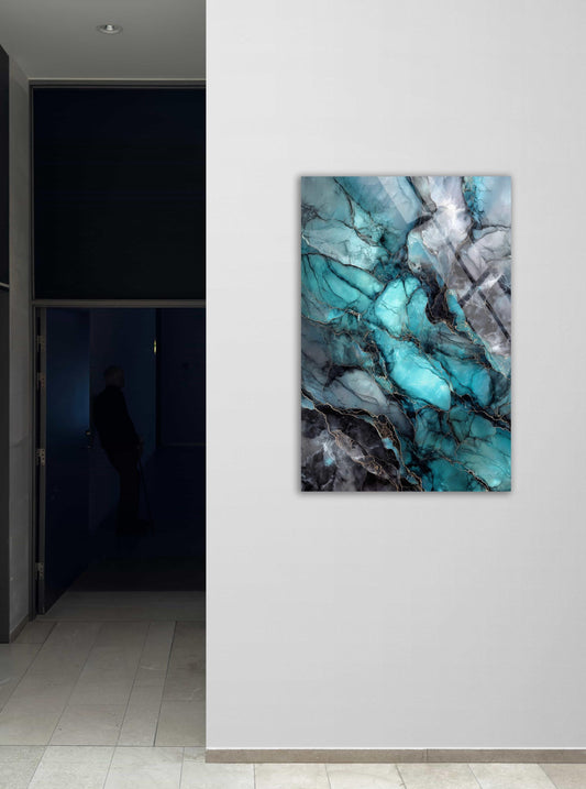 Tempered Glass Wall Art - Abstract Black Marble with Turquoise Fluid Ink Design