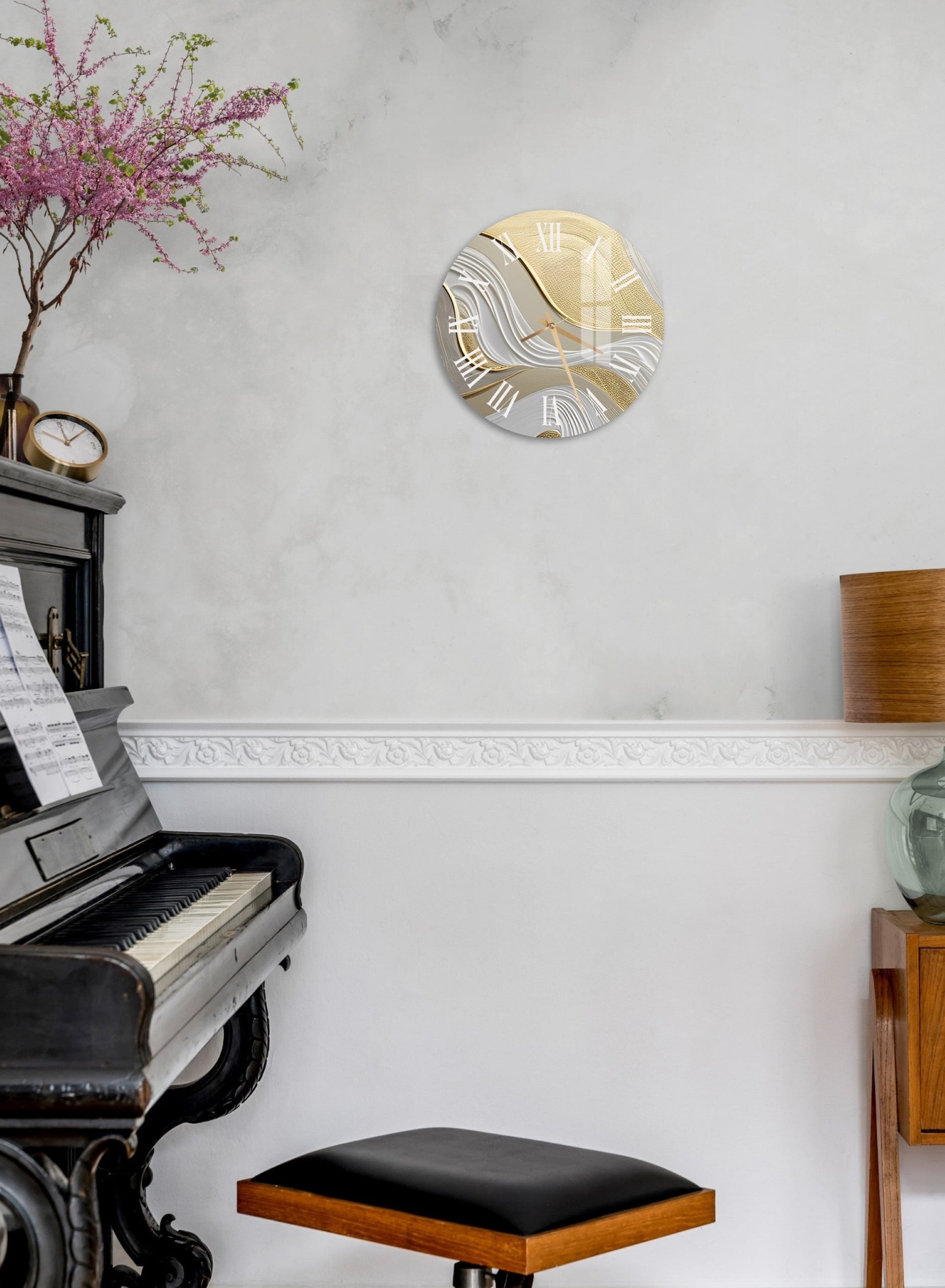 a piano and a chair in a room